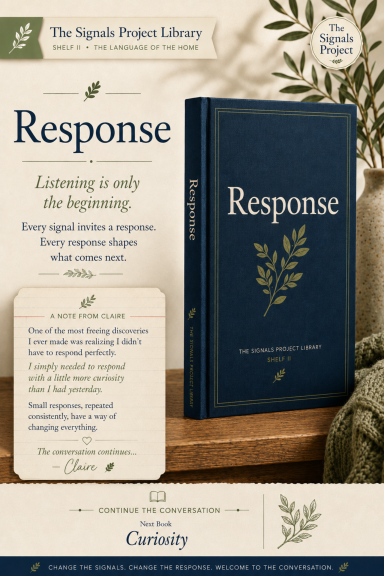 A Response pocket book from The Signals Project beside an open book explaining how the body responds to the signals it receives.