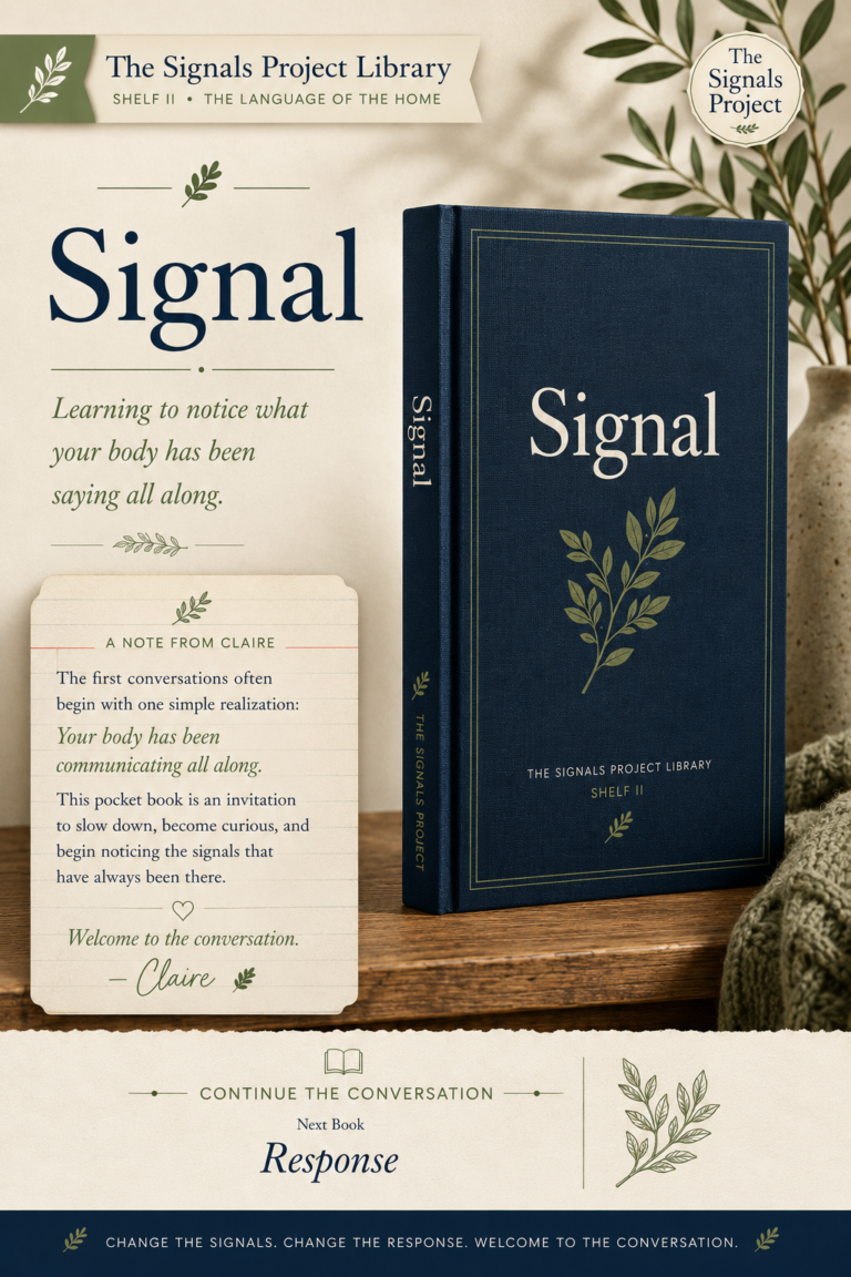 A Signal pocket book from The Signals Project beside an open book explaining how everyday choices send signals to the body.