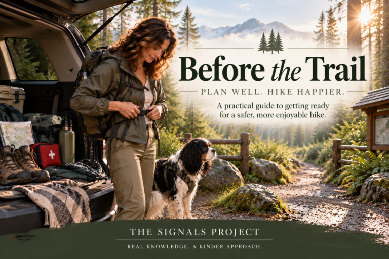 Claire and her dog Oreo preparing for a hike at a mountain trailhead beside an open vehicle.