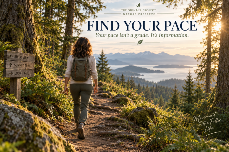 Claire Hartwell walking along a forest trail beneath towering Pacific Northwest evergreens, featured image for Find Your Pace from The Signals Project Nature Preserve.