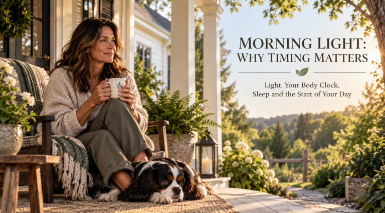 Claire Hartwell enjoying the early morning light outside The Signals Project home, illustrating how morning daylight helps signal the start of the day to the body’s internal clock.