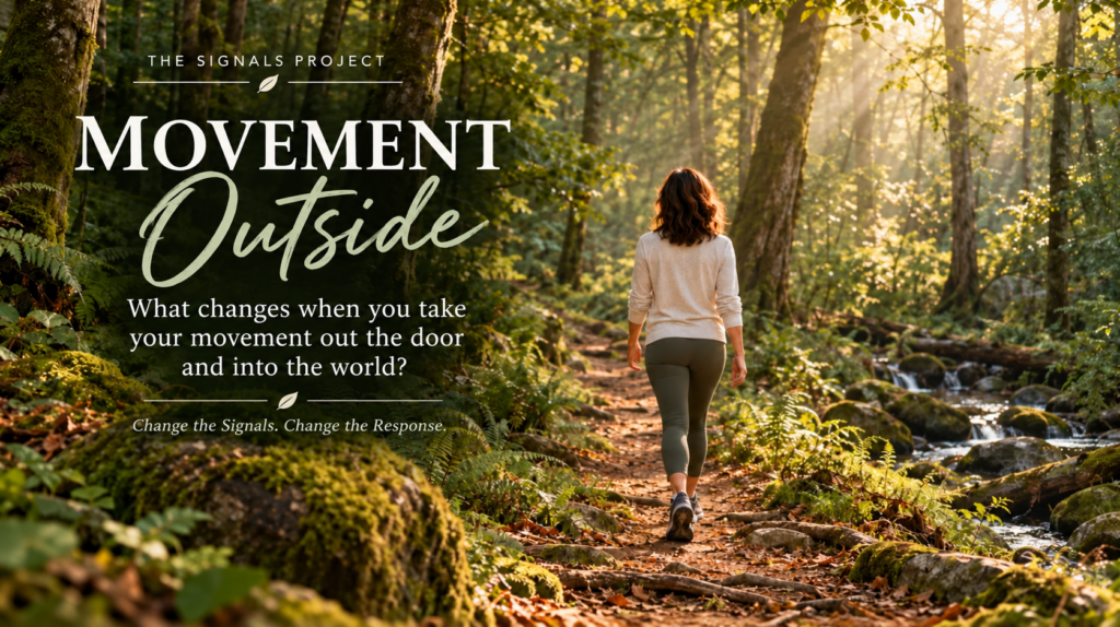 Woman walking along a sunlit forest trail beside a stream for The Signals Project article Movement Outside.