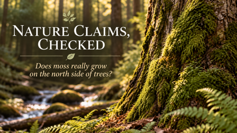 Moss-covered tree trunk in a green woodland for Nature Claims, Checked: Does moss really grow on the north side of trees?