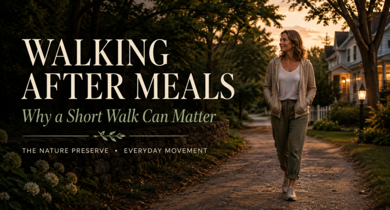 Walking After Meals: Why a Short Walk Can Matter — woman taking a relaxed evening walk through a tree-lined neighborhood at sunset.