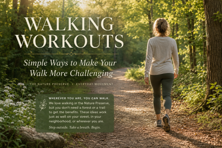 Woman walking along a wooded trail at golden hour, Walking Workouts from The Nature Preserve