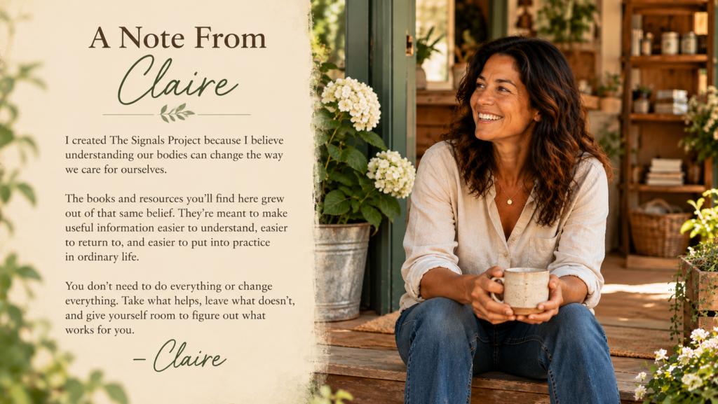 A personal note from Claire Hartwell appears on the left, beside a photograph of Claire smiling with a ceramic mug outside the rustic Mercantile, surrounded by flowers and wooden shelves.