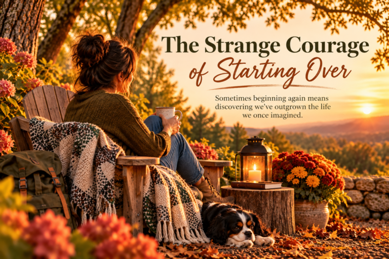 A dark-haired woman sits beneath autumn oak trees overlooking the sunset, with a tricolor Cavalier King Charles Spaniel at her feet. Embedded title reads “The Strange Courage of Starting Over,” with a subtitle about outgrowing the life we once imagined.
