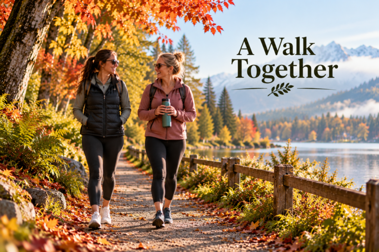 Two women walking together and talking along a lakeside path surrounded by colorful autumn trees and distant mountains.