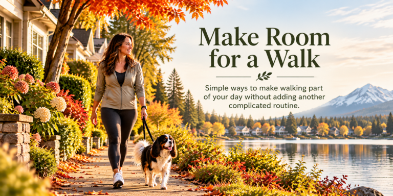 Claire walks Oreo, her tricolor Cavalier King Charles Spaniel, along an autumn neighborhood sidewalk beside a lake. The image includes the title Make Room for a Walk and its subtitle about fitting walking into everyday life.
