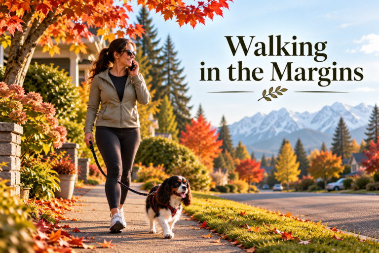 Woman talking on her phone while walking a tricolor Cavalier King Charles Spaniel on a sunny autumn neighborhood sidewalk.