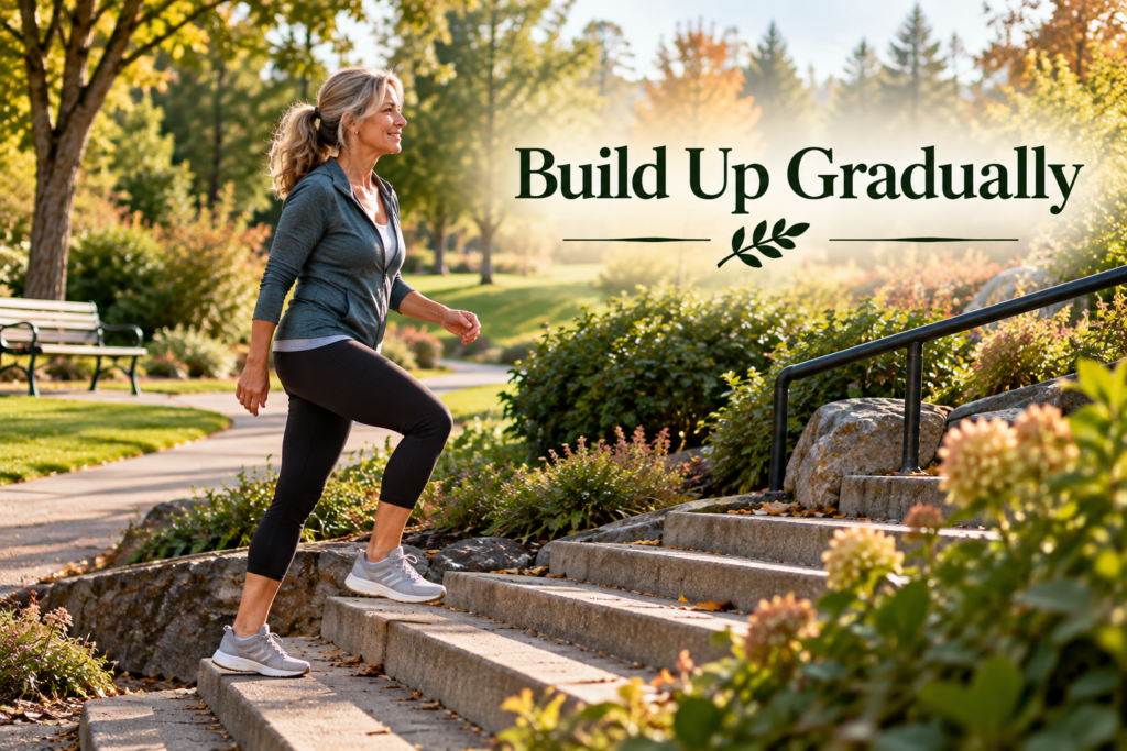 A woman in her 50s walks up stone steps in a neighborhood park on a sunny autumn morning. The image reads “Build Up Gradually.”