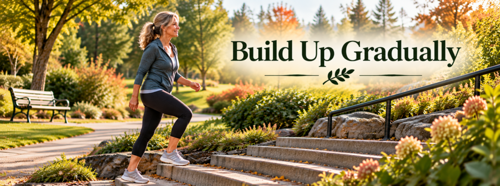 A woman in her 50s walks up stone steps in a neighborhood park on a sunny autumn morning. The image reads “Build Up Gradually.”