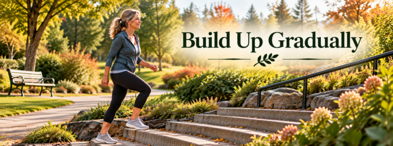 A woman in her 50s walks up stone steps in a neighborhood park on a sunny autumn morning. The image reads “Build Up Gradually.”