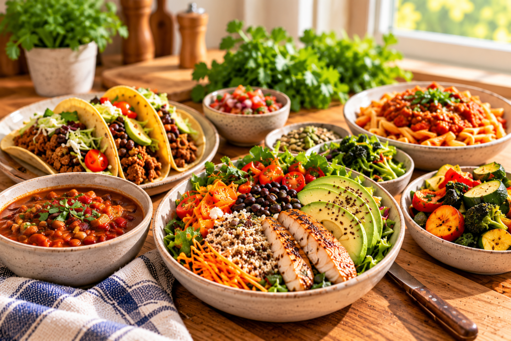 Sunlit lunch and dinner spread featuring a chicken and quinoa bowl with black beans, greens, avocado, and vegetables; beef and bean tacos; bean chili; pasta with tomato sauce; and roasted vegetables.