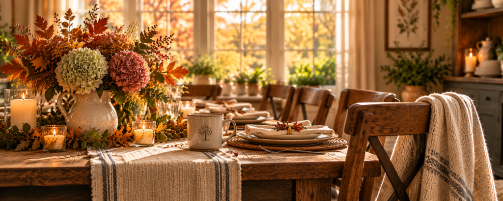 Autumn dining room with a rustic wooden table, dried hydrangeas, candles, warm linen place settings, and an inviting chair beside sunlit windows overlooking fall foliage.