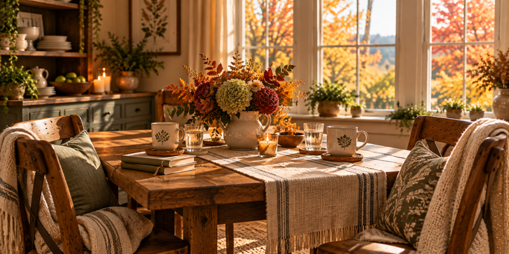 Two inviting chairs at a rustic wooden dining table, set with mugs, water glasses, and autumn flowers in warm afternoon sunlight.