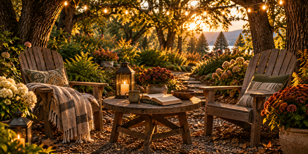 Two wooden Adirondack chairs with cozy blankets beneath oak trees and warm string lights, surrounding a table with an open book and lantern in an autumn garden.