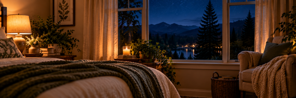 A peaceful nighttime view from Claire’s Bedroom, with a softly lit bedside lamp, cream-and-sage bedding, a cozy armchair, and a starry sky over the mountains and lake outside the window.