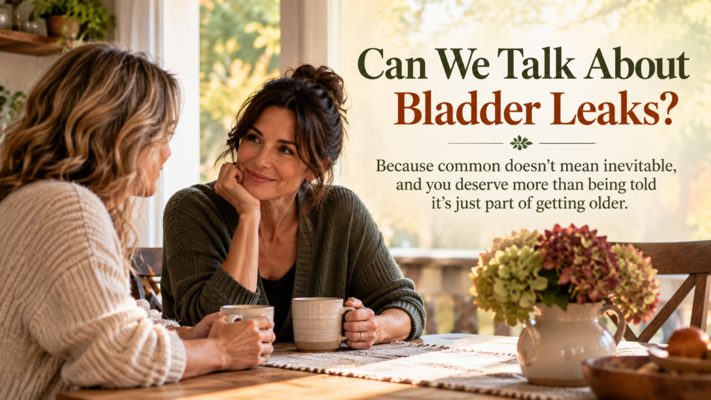 Two middle-aged women sharing a conversation over coffee at a sunlit dining table, with the embedded article title “Can We Talk About Bladder Leaks?” and subtitle about bladder health and aging.