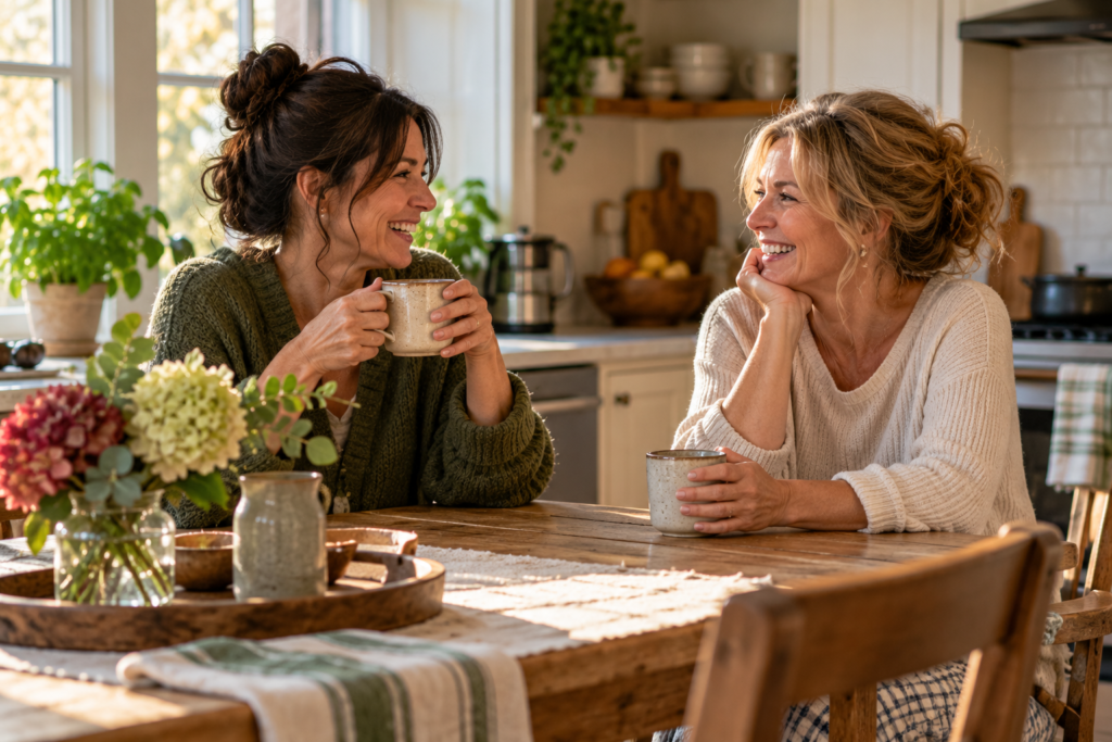 Two middle-aged women share coffee and conversation at a wooden kitchen table in a warmly lit, lived-in home.