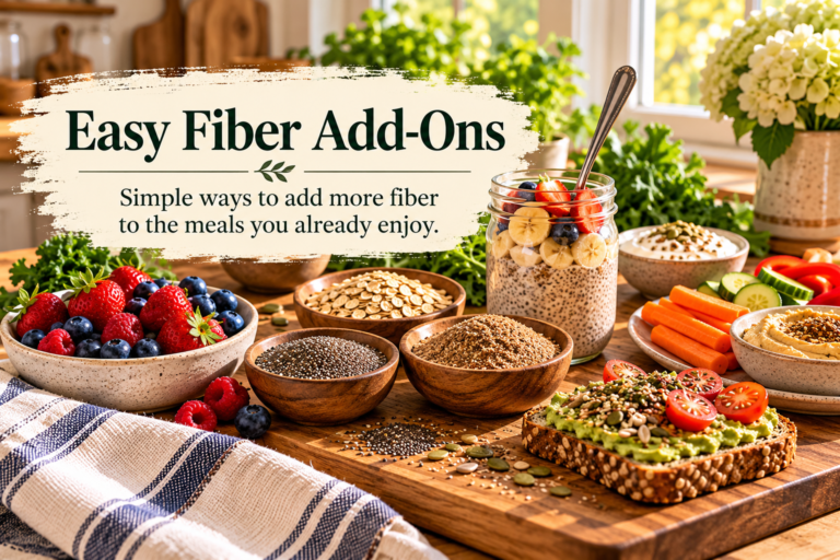 Header image for “Easy Fiber Add-Ons,” featuring berries, oats, chia and flaxseeds, yogurt with fruit, vegetables and hummus, and seeded avocado toast arranged in a sunlit kitchen. Embedded title and subtitle introduce simple ways to add fiber to familiar meals.