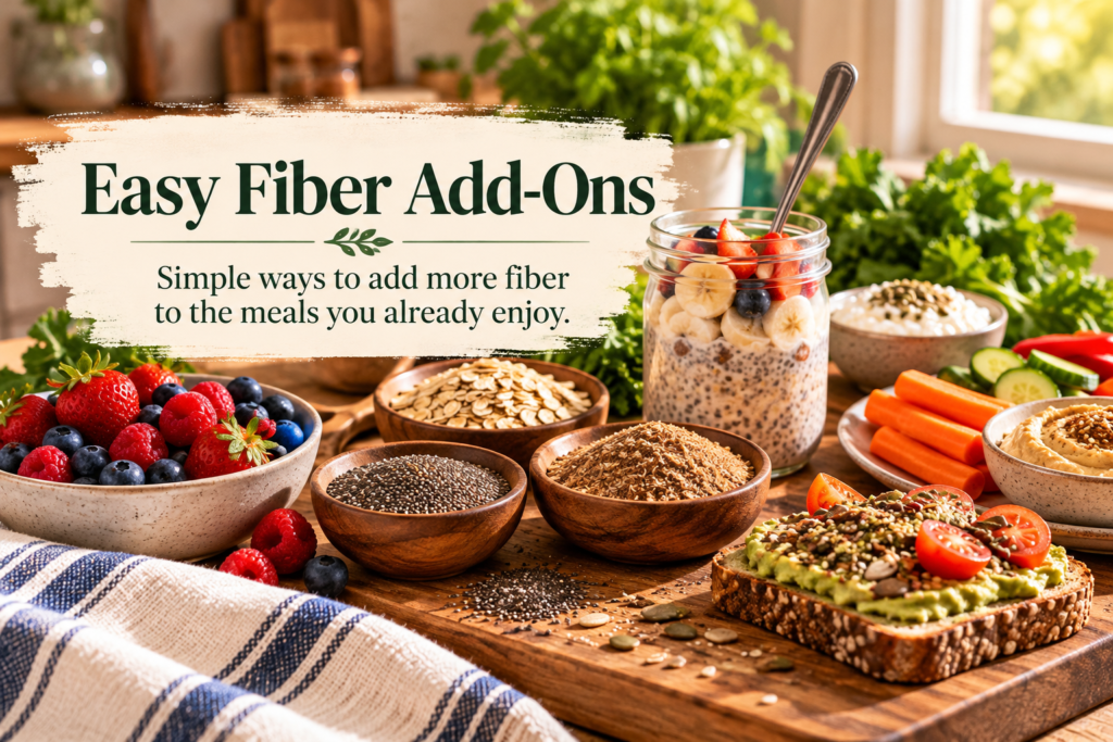 Easy Fiber Add-Ons resource card featuring berries, oats, chia and flaxseeds, yogurt with fruit, vegetables and hummus, and avocado toast in a sunlit kitchen.