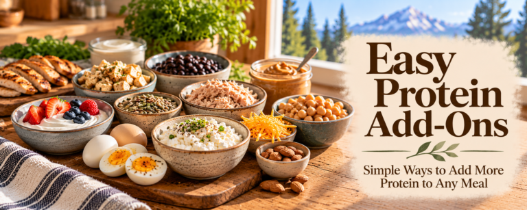 Easy protein add-ons including eggs, Greek yogurt, cottage cheese, chicken, tuna, beans, chickpeas, tofu, nuts, seeds, and cheese arranged in a bright kitchen.