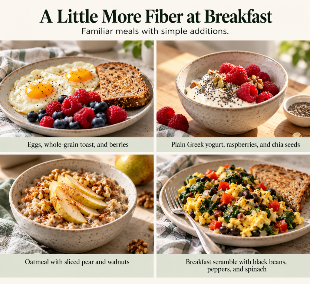Four-panel food infographic titled “A Little More Fiber at Breakfast,” showing eggs with whole-grain toast and berries; Greek yogurt with raspberries and chia seeds; oatmeal with sliced pear and walnuts; and an egg scramble with black beans, peppers, and spinach.