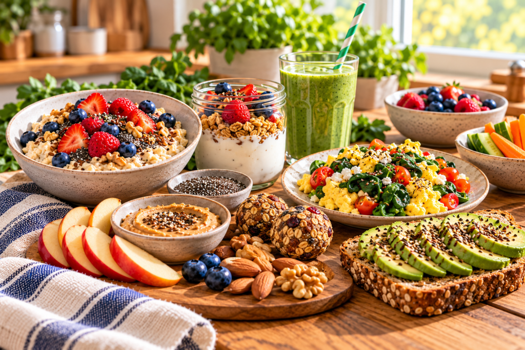 Sunlit breakfast spread featuring oatmeal with berries, nuts, and seeds; yogurt with fruit and granola; scrambled eggs with spinach and tomatoes; whole-grain avocado toast; and fresh fruit with nuts and seeds.
