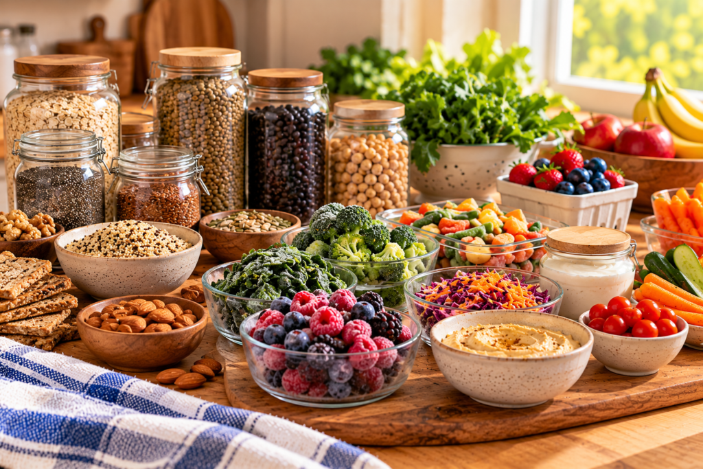 Sunlit kitchen countertop displaying fiber-rich pantry staples, including oats, beans, lentils, chia and flaxseeds, nuts, and whole-grain crackers, alongside frozen berries and vegetables, fresh fruit, leafy greens, carrots, and hummus.