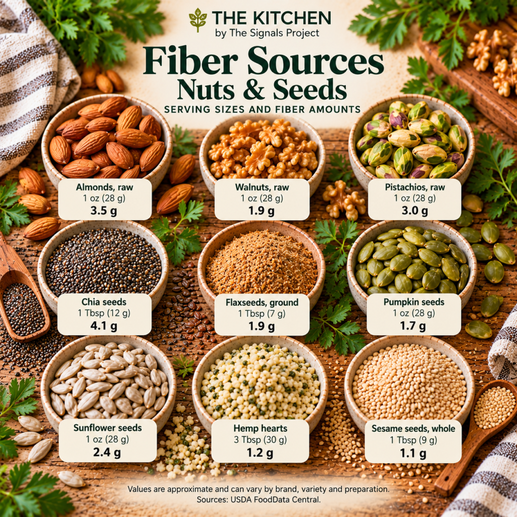 Fiber sources infographic comparing almonds, walnuts, pistachios, chia seeds, ground flaxseed, pumpkin seeds, sunflower seeds, hemp hearts, and sesame seeds, with serving sizes and approximate fiber amounts.
