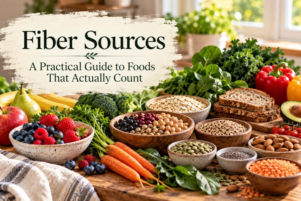 Resource card titled “Fiber Sources,” featuring leafy greens, berries, apples, carrots, beans, lentils, whole grains, nuts, and seeds arranged on a rustic kitchen table.