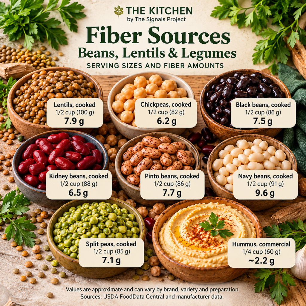 Fiber sources infographic showing lentils, chickpeas, black beans, kidney beans, pinto beans, navy beans, split peas, and hummus, with approximate fiber amounts and serving sizes for each.