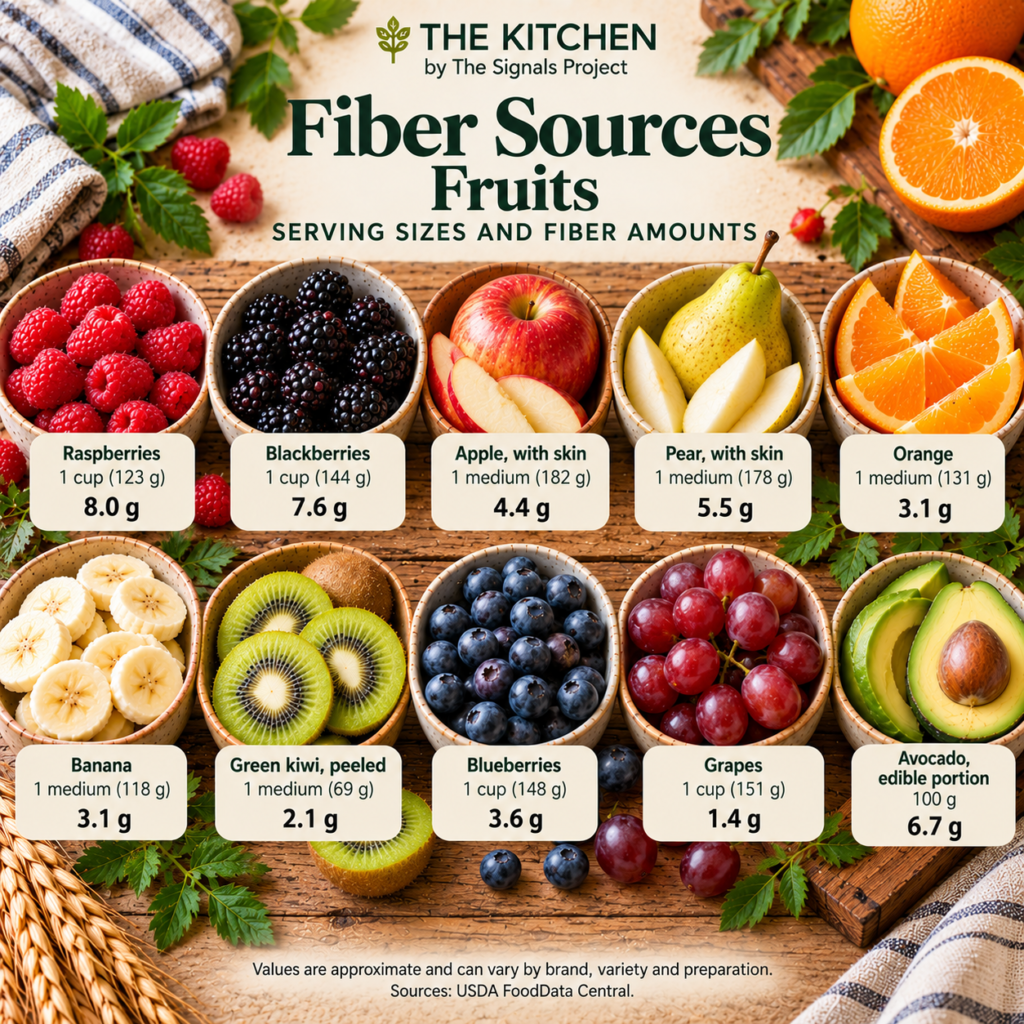 Fiber sources infographic showing raspberries, blackberries, apples, pears, oranges, bananas, kiwi, blueberries, grapes, and avocado, with serving sizes and approximate fiber amounts.