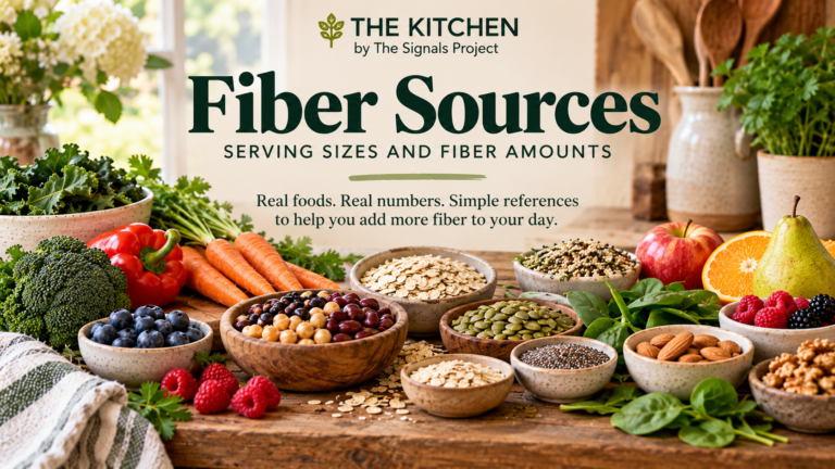 Rustic kitchen scene featuring beans, whole grains, vegetables, fruit, nuts, and seeds, with the title “Fiber Sources” and subtitle “Serving Sizes and Fiber Amounts.”