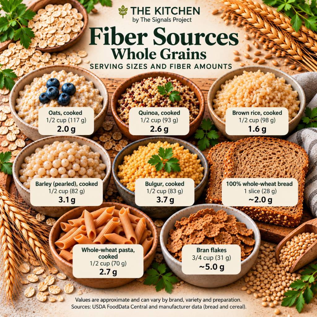 Fiber sources infographic featuring cooked oats, quinoa, brown rice, pearled barley, bulgur, whole-wheat bread, whole-wheat pasta, and bran flakes, with serving sizes and approximate fiber amounts.