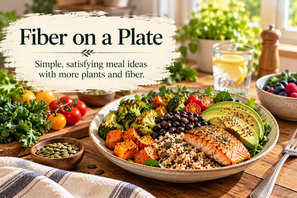 Resource card titled “Fiber on a Plate,” featuring a colorful meal bowl with salmon, quinoa, black beans, roasted vegetables, leafy greens, and avocado in a sunlit kitchen.