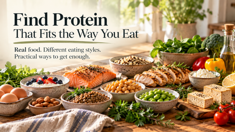 A variety of protein-rich foods representing different eating styles, including animal-based and plant-based protein sources.