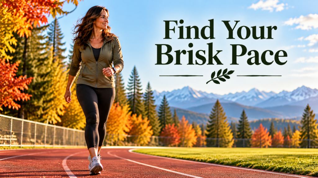 Claire walking briskly along a red running track surrounded by colorful autumn trees, with distant snow-capped mountains under a blue sky. Embedded title reads “Find Your Brisk Pace.”