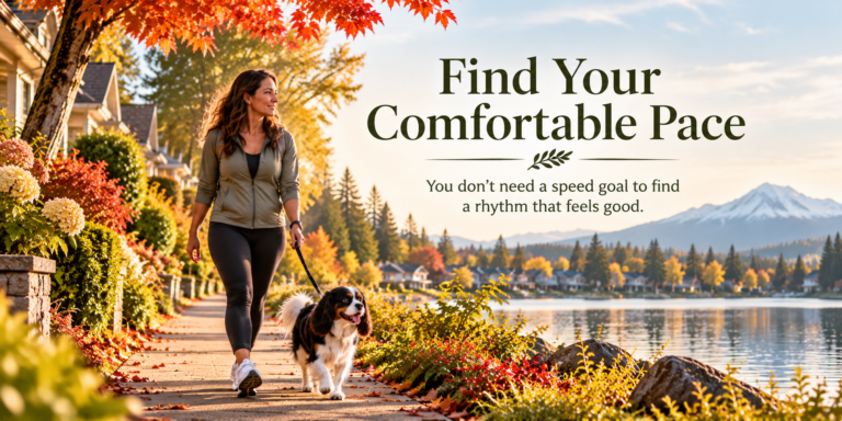 Claire walks with her tricolor Cavalier King Charles Spaniel along an autumn lakeside neighborhood path, with the title Find Your Comfortable Pace and subtitle embedded in the image.