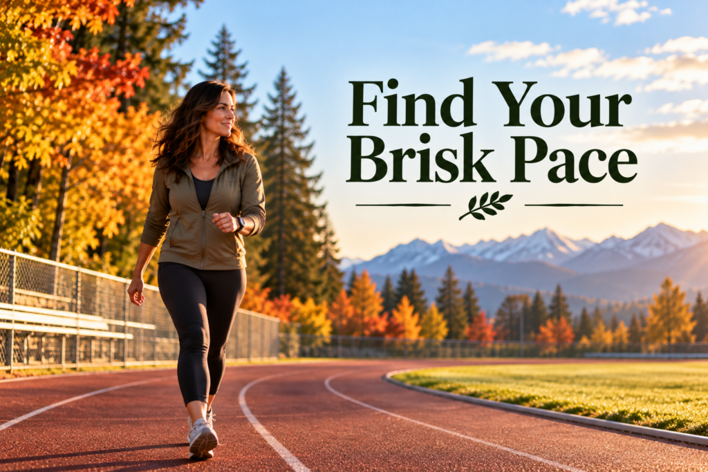 Claire walking briskly along a red running track surrounded by colorful autumn trees, with distant snow-capped mountains under a blue sky. Embedded title reads “Find Your Brisk Pace.”