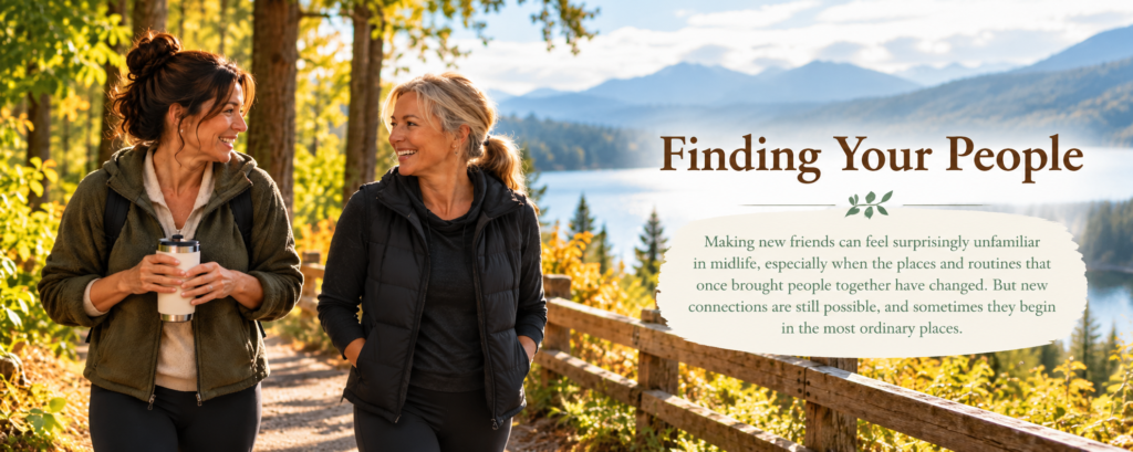 Two middle-aged women smile and talk while walking along a sunny wooded trail overlooking a lake and mountains, with the title “Finding Your People” and introductory text embedded on the right.