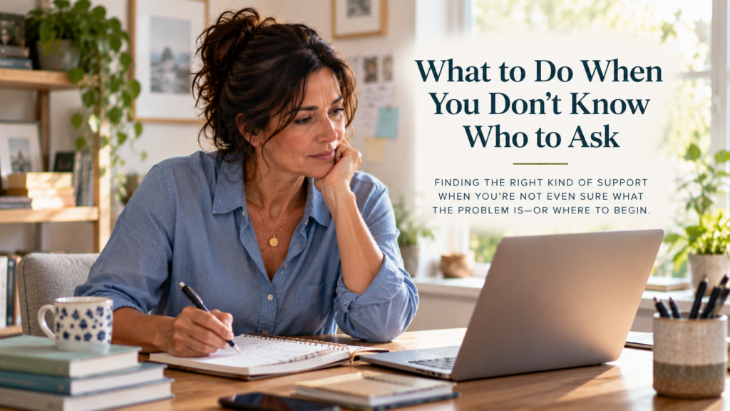 A dark-haired woman in a blue button-down shirt sits at a home office desk, writing in a notebook beside her laptop as she considers where to find support. The header includes the article title “What to Do When You Don't Know Who to Ask” and its subtitle.