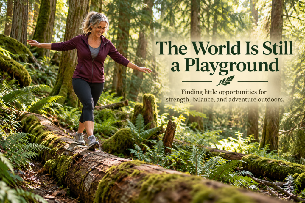 A smiling woman balances with her arms outstretched on a low fallen log in a lush, fern-filled forest. Embedded text reads “The World Is Still a Playground,” with a subtitle about finding opportunities for strength, balance, and adventure outdoors.