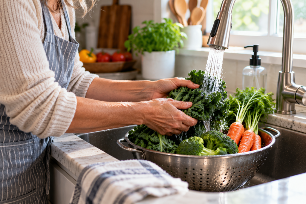 A woman wearing a striped apron washes fresh kale under running water in a kitchen sink. Broccoli and carrots sit in a metal colander beneath the faucet, with warm natural light coming through the window.