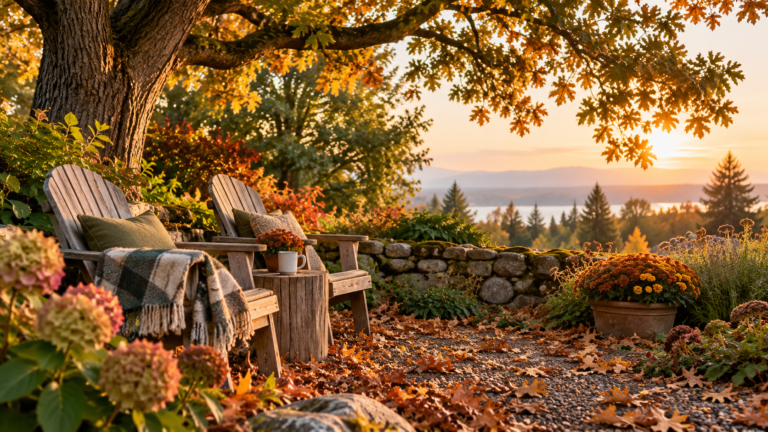 Two weathered Adirondack chairs sit beneath a mature oak tree in a peaceful autumn garden, surrounded by fallen leaves, hydrangeas, and muted seasonal flowers in soft evening light.