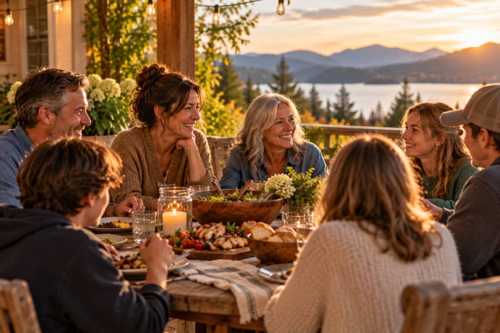 Family and friends of different generations share a relaxed evening meal around a wooden porch table, with candles, string lights, and a mountain lake at sunset. ❤️