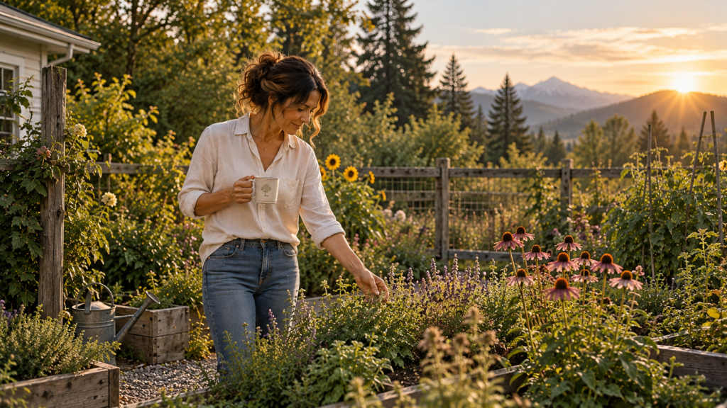 Claire enjoys the early morning sunlight in her garden, surrounded by raised beds, lavender, coneflowers, and distant evergreen-covered mountains.