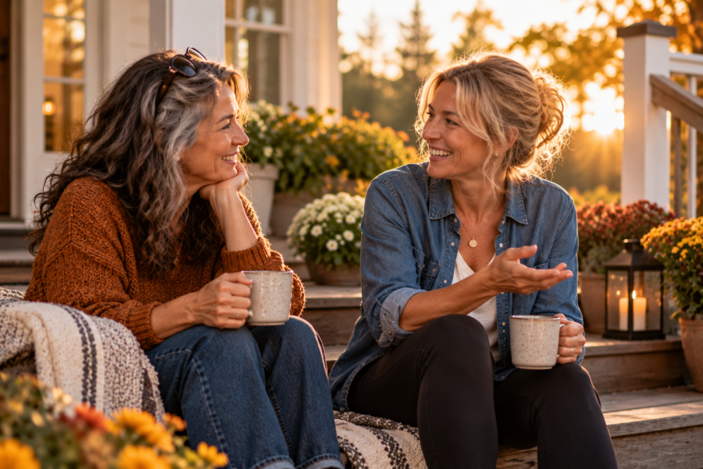 Two middle-aged women enjoy coffee and conversation on a flower-filled front porch in the warm light of an autumn sunset.