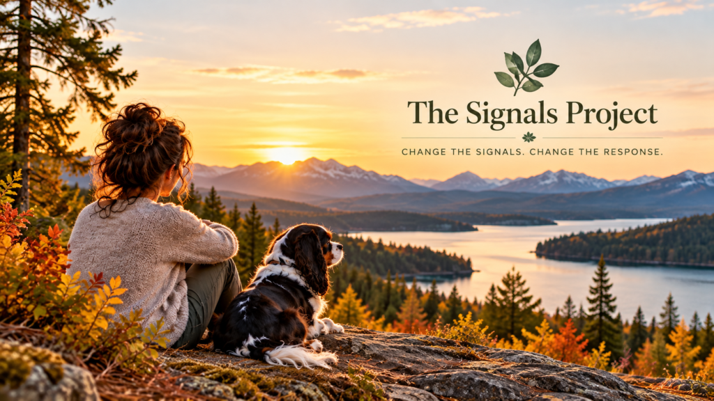 Woman with dark hair and a tricolor Cavalier King Charles Spaniel overlooking an autumn lake and mountain landscape at sunset, with The Signals Project name and tagline.
